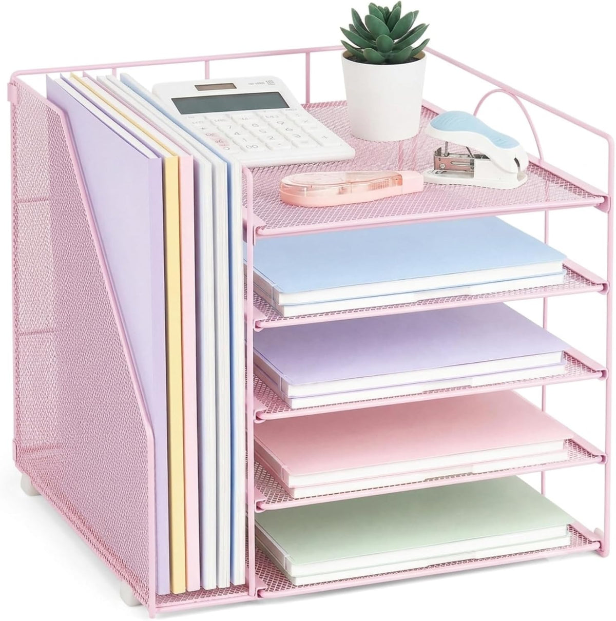 LEKETREE Desk Organizers and Accessories, 5-Tier Paper Letter Tray Organizer with File Holder, Desktop Organizer for Office Supplies (Pink)