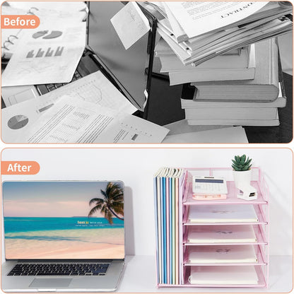 LEKETREE Desk Organizers and Accessories, 5-Tier Paper Letter Tray Organizer with File Holder, Desktop Organizer for Office Supplies (Pink)