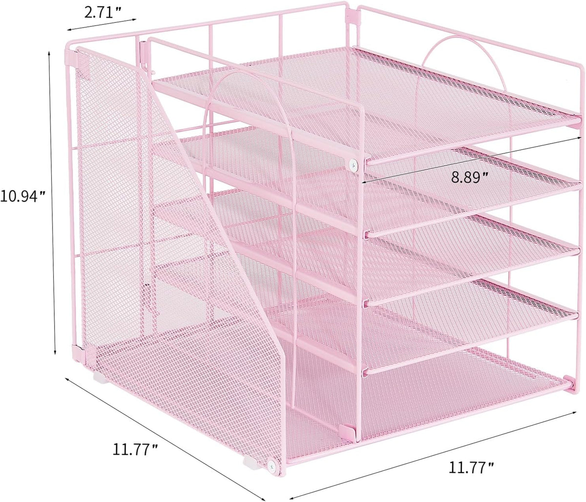 LEKETREE Desk Organizers and Accessories, 5-Tier Paper Letter Tray Organizer with File Holder, Desktop Organizer for Office Supplies (Pink)