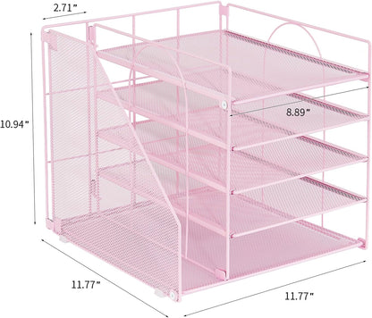 LEKETREE Desk Organizers and Accessories, 5-Tier Paper Letter Tray Organizer with File Holder, Desktop Organizer for Office Supplies (Pink)