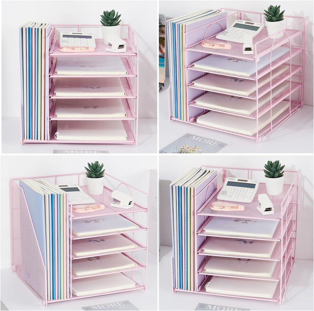 LEKETREE Desk Organizers and Accessories, 5-Tier Paper Letter Tray Organizer with File Holder, Desktop Organizer for Office Supplies (Pink)