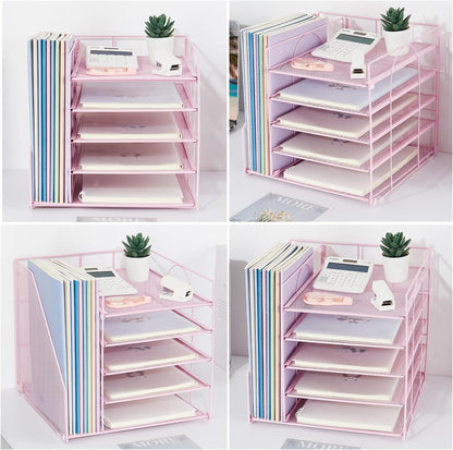 LEKETREE Desk Organizers and Accessories, 5-Tier Paper Letter Tray Organizer with File Holder, Desktop Organizer for Office Supplies (Pink)