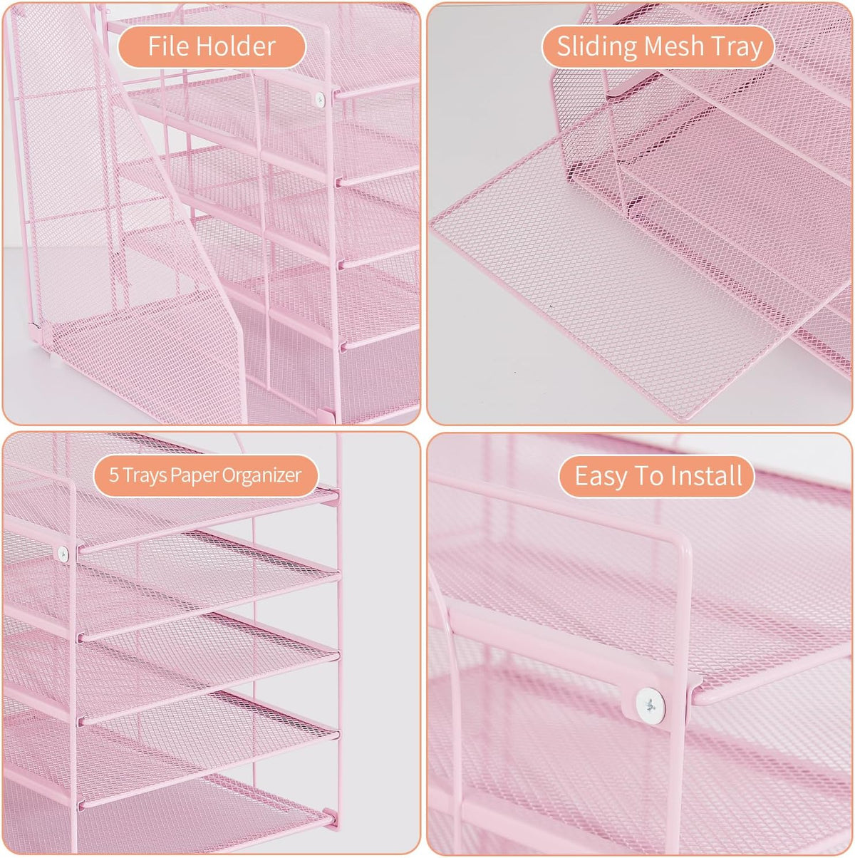 LEKETREE Desk Organizers and Accessories, 5-Tier Paper Letter Tray Organizer with File Holder, Desktop Organizer for Office Supplies (Pink)