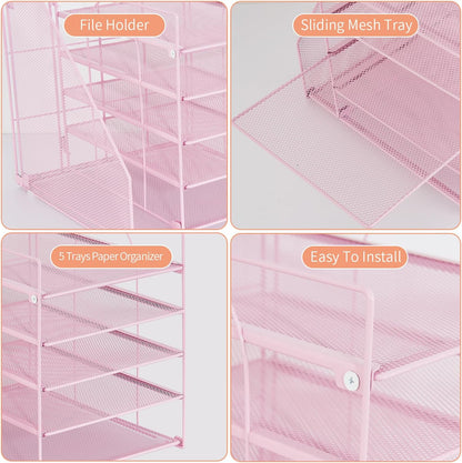 LEKETREE Desk Organizers and Accessories, 5-Tier Paper Letter Tray Organizer with File Holder, Desktop Organizer for Office Supplies (Pink)