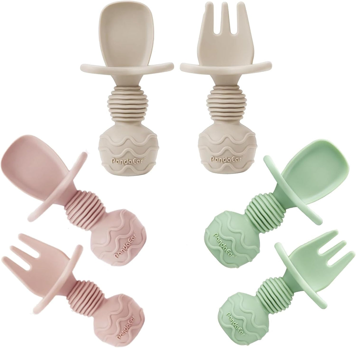 6 Pack Silicone Baby Spoons and Fork Feeding Set- Anti-Choke First Self Feeding Utensils for Baby Led Weaning Ages 3 Months (Pink, Green&Linen)