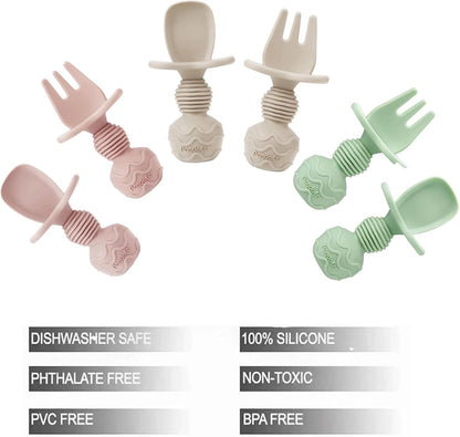 6 Pack Silicone Baby Spoons and Fork Feeding Set- Anti-Choke First Self Feeding Utensils for Baby Led Weaning Ages 3 Months (Pink, Green&Linen)