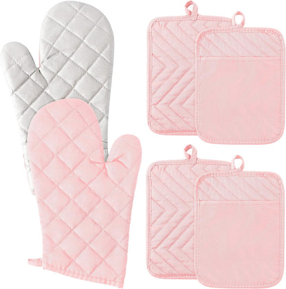 6Pcs Cotton Oven Mitts and Pot Holders Set Heat Resistant Hot Pads Durable Pocket Pot Holder Machine Washable BBQ Gloves with Hanging Loop for Safe Kitchen Baking Cooking Grilling Pink