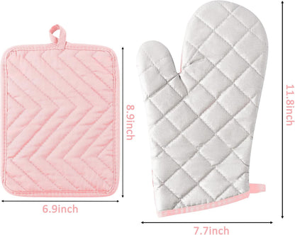 6Pcs Cotton Oven Mitts and Pot Holders Set Heat Resistant Hot Pads Durable Pocket Pot Holder Machine Washable BBQ Gloves with Hanging Loop for Safe Kitchen Baking Cooking Grilling Pink