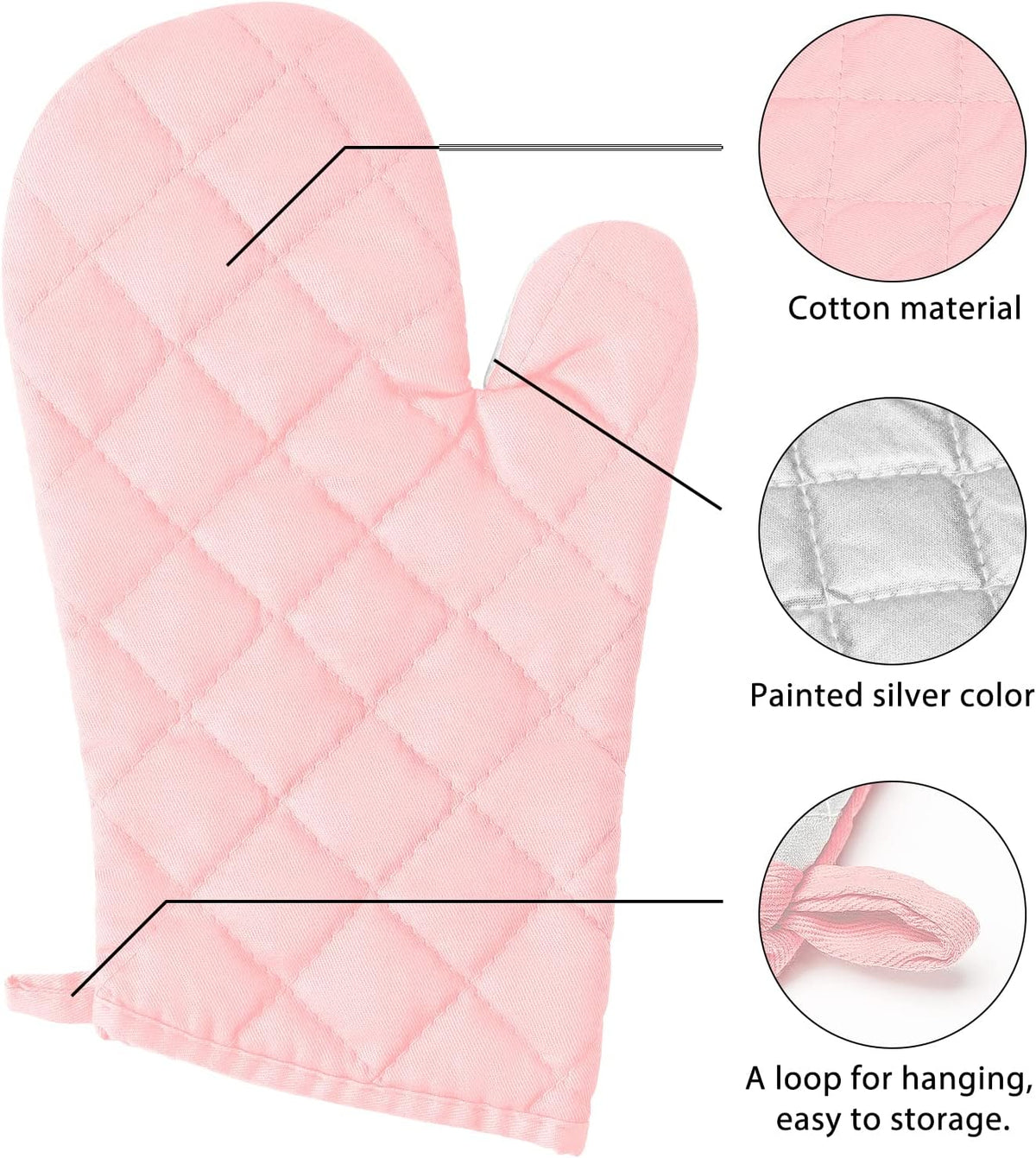 6Pcs Cotton Oven Mitts and Pot Holders Set Heat Resistant Hot Pads Durable Pocket Pot Holder Machine Washable BBQ Gloves with Hanging Loop for Safe Kitchen Baking Cooking Grilling Pink