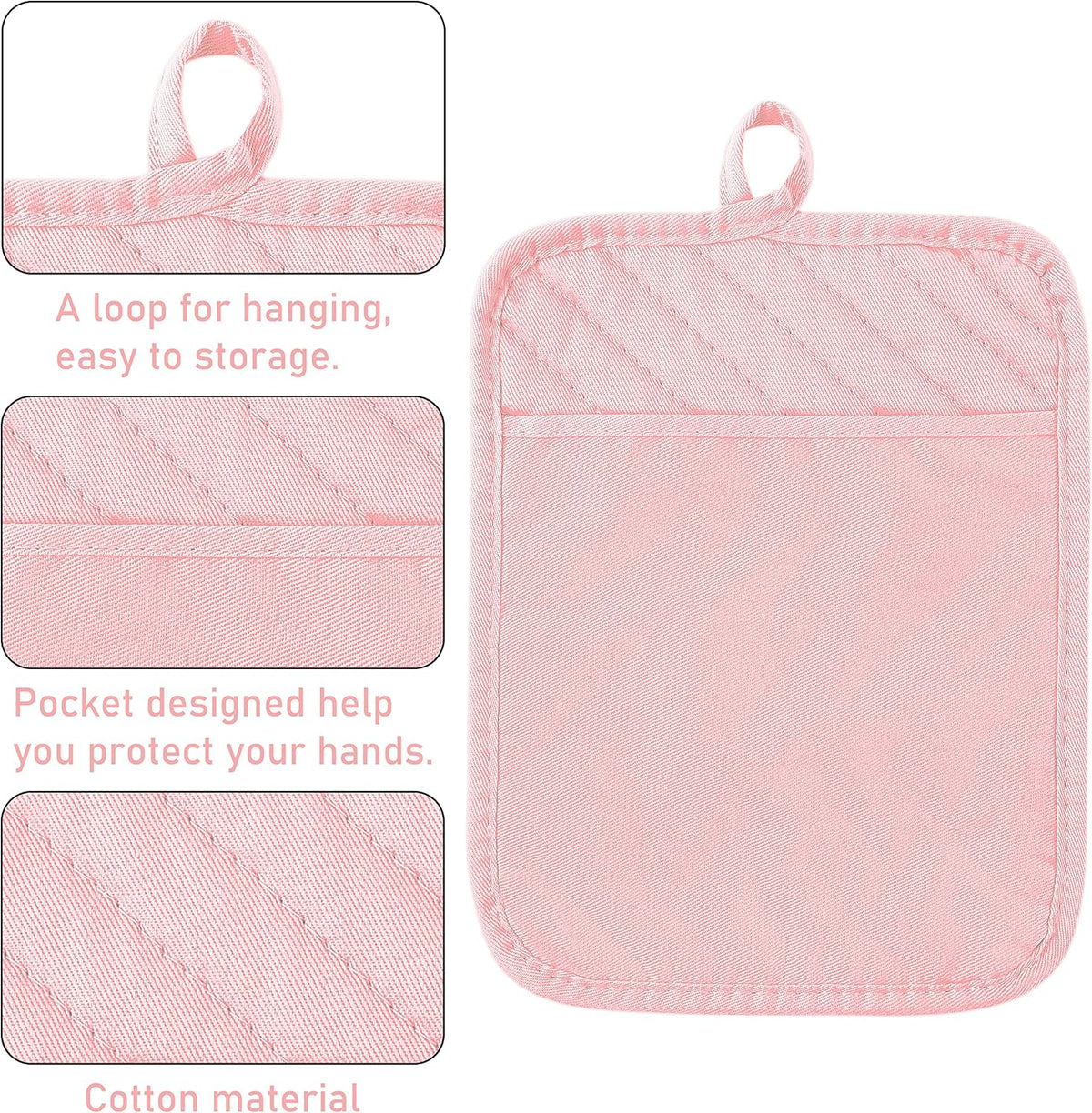 6Pcs Cotton Oven Mitts and Pot Holders Set Heat Resistant Hot Pads Durable Pocket Pot Holder Machine Washable BBQ Gloves with Hanging Loop for Safe Kitchen Baking Cooking Grilling Pink