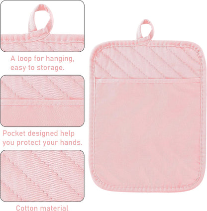 6Pcs Cotton Oven Mitts and Pot Holders Set Heat Resistant Hot Pads Durable Pocket Pot Holder Machine Washable BBQ Gloves with Hanging Loop for Safe Kitchen Baking Cooking Grilling Pink