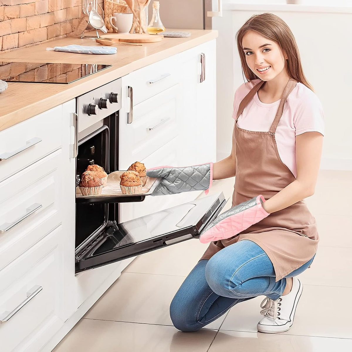 6Pcs Cotton Oven Mitts and Pot Holders Set Heat Resistant Hot Pads Durable Pocket Pot Holder Machine Washable BBQ Gloves with Hanging Loop for Safe Kitchen Baking Cooking Grilling Pink