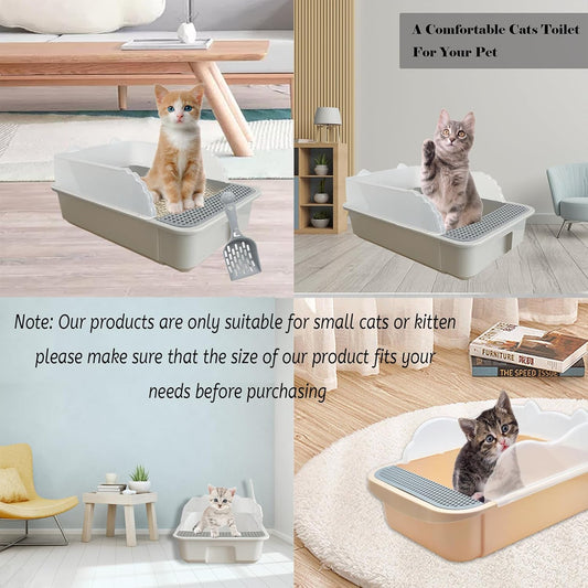 kathson Open Cat Litter Box with High Side,Anti-Splashing Cats Litter Pan Semi-Enclosed Removable Cats Litter Boxes with Litter Sifting Scoop Open Top Kitty Toilet for Easy to Clean(Khaki)