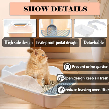 kathson Open Cat Litter Box with High Side,Anti-Splashing Cats Litter Pan Semi-Enclosed Removable Cats Litter Boxes with Litter Sifting Scoop Open Top Kitty Toilet for Easy to Clean(Khaki)