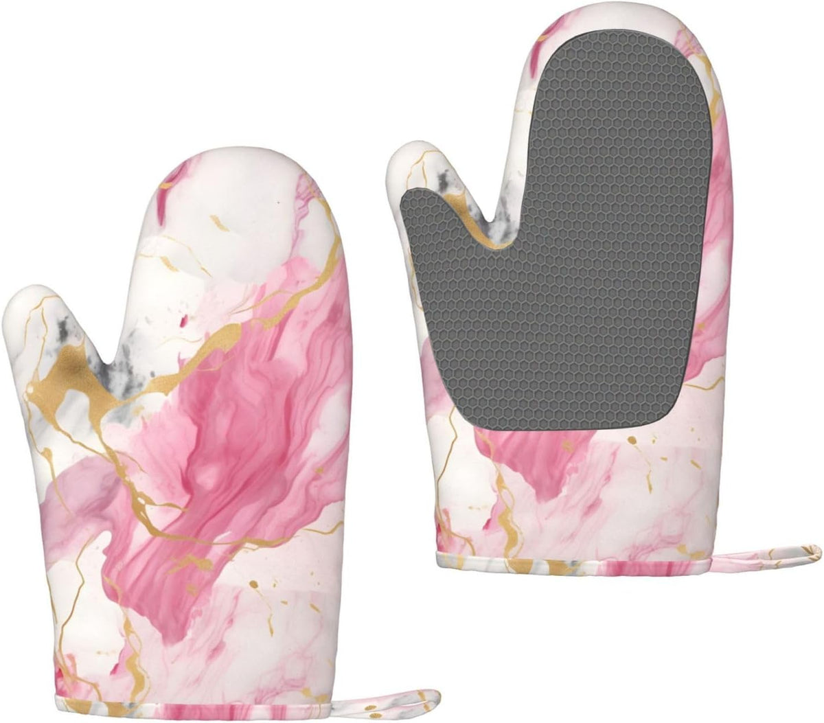 Oven Mitts Waterproof Non-Slip Oven Gloves Silicone Oven Mitts Pink Marble Print Kitchen Oven Mitts Heat Resistant for Cooking Baking