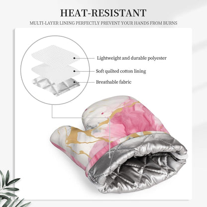Oven Mitts Waterproof Non-Slip Oven Gloves Silicone Oven Mitts Pink Marble Print Kitchen Oven Mitts Heat Resistant for Cooking Baking