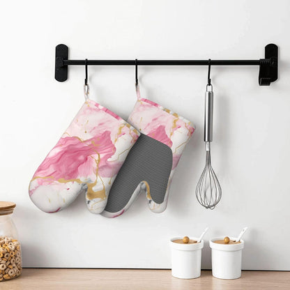 Oven Mitts Waterproof Non-Slip Oven Gloves Silicone Oven Mitts Pink Marble Print Kitchen Oven Mitts Heat Resistant for Cooking Baking