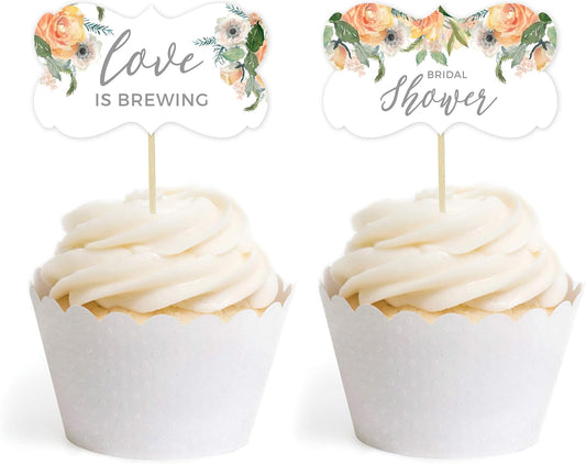 Peach Coral Floral Garden Party Wedding Collection, Cupcake Topper DIY Party Favors Kit, Fancy Frame Shape, 18-Pack