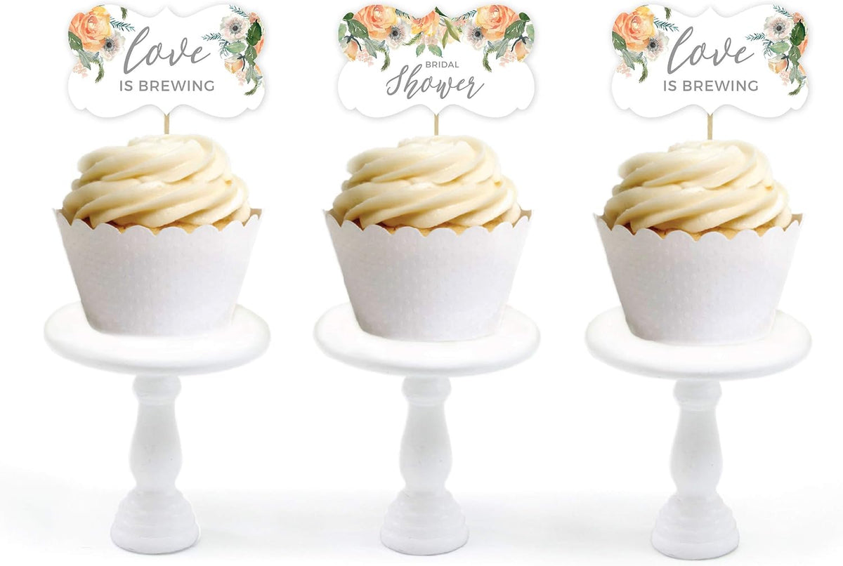 Peach Coral Floral Garden Party Wedding Collection, Cupcake Topper DIY Party Favors Kit, Fancy Frame Shape, 18-Pack