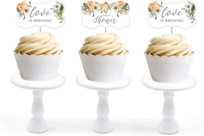 Peach Coral Floral Garden Party Wedding Collection, Cupcake Topper DIY Party Favors Kit, Fancy Frame Shape, 18-Pack