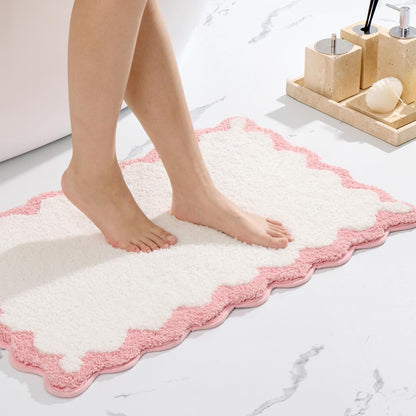 Small Cute Scalloped Bath Mat, White and Pink Plush Microfiber Scallop Bathroom Rugs Non Slip Washable Quick Dry Absorbent, Bathmat for Shower Stall Vanities Kitchen Floor Entrance, 17x24
