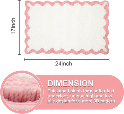 Small Cute Scalloped Bath Mat, White and Pink Plush Microfiber Scallop Bathroom Rugs Non Slip Washable Quick Dry Absorbent, Bathmat for Shower Stall Vanities Kitchen Floor Entrance, 17x24