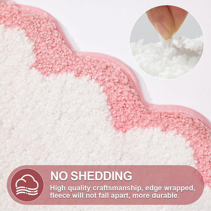 Small Cute Scalloped Bath Mat, White and Pink Plush Microfiber Scallop Bathroom Rugs Non Slip Washable Quick Dry Absorbent, Bathmat for Shower Stall Vanities Kitchen Floor Entrance, 17x24