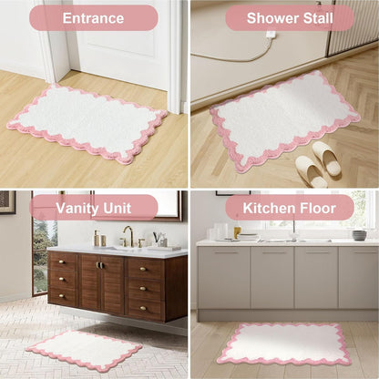 Small Cute Scalloped Bath Mat, White and Pink Plush Microfiber Scallop Bathroom Rugs Non Slip Washable Quick Dry Absorbent, Bathmat for Shower Stall Vanities Kitchen Floor Entrance, 17x24