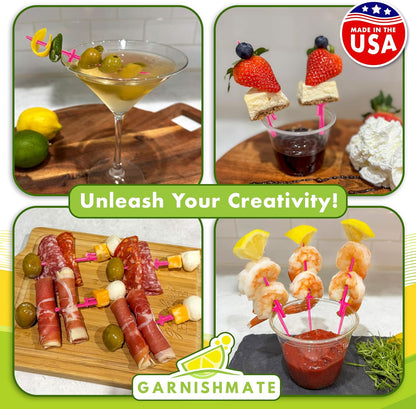 Garnishmate Clip On Garnish Holder Pick Cocktail Accessory for Entertaining Drinks and Charcuterie Boards for Home Bar Cart or Bartender Kit for Cocktails Accessories (NEON PINK, 30 PACK)