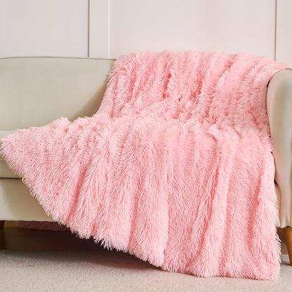 Extra Soft Faux Fur Throw Blanket 50"x60" - Reversible Fluffy Shaggy Double Layer Plush for Couch Sofa Bed, Solid Fuzzy Long Hair Microfiber Comfy Decorative Cozy, Pink
