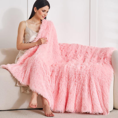 Extra Soft Faux Fur Throw Blanket 50"x60" - Reversible Fluffy Shaggy Double Layer Plush for Couch Sofa Bed, Solid Fuzzy Long Hair Microfiber Comfy Decorative Cozy, Pink