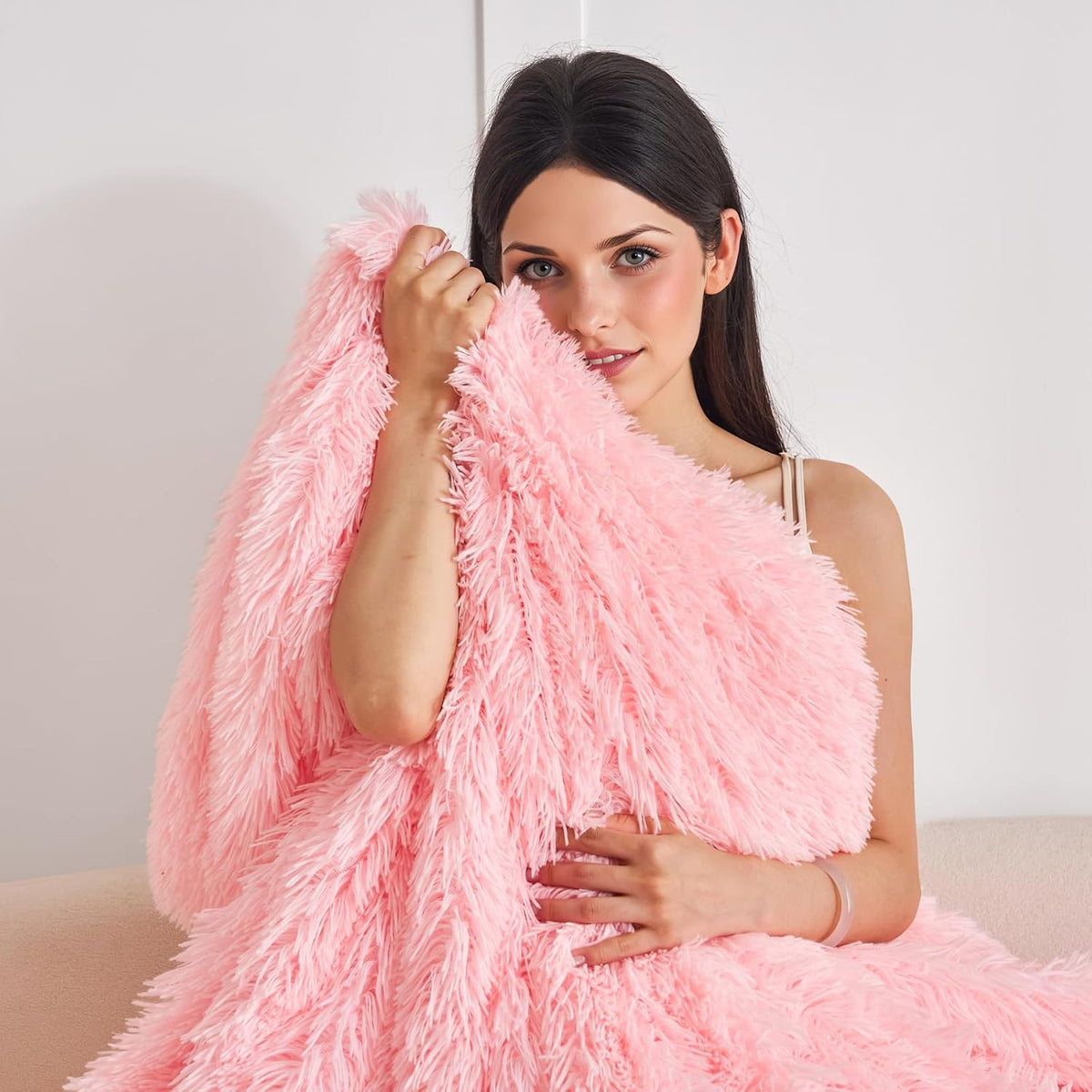 Extra Soft Faux Fur Throw Blanket 50"x60" - Reversible Fluffy Shaggy Double Layer Plush for Couch Sofa Bed, Solid Fuzzy Long Hair Microfiber Comfy Decorative Cozy, Pink