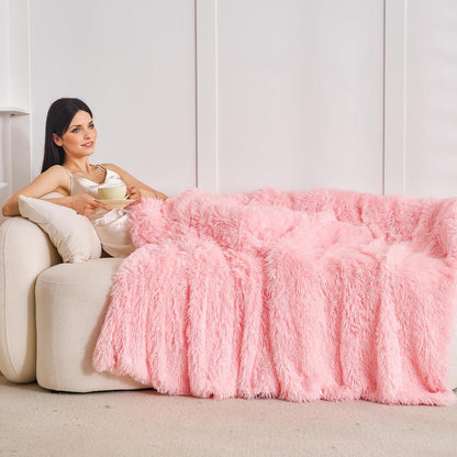 Extra Soft Faux Fur Throw Blanket 50"x60" - Reversible Fluffy Shaggy Double Layer Plush for Couch Sofa Bed, Solid Fuzzy Long Hair Microfiber Comfy Decorative Cozy, Pink