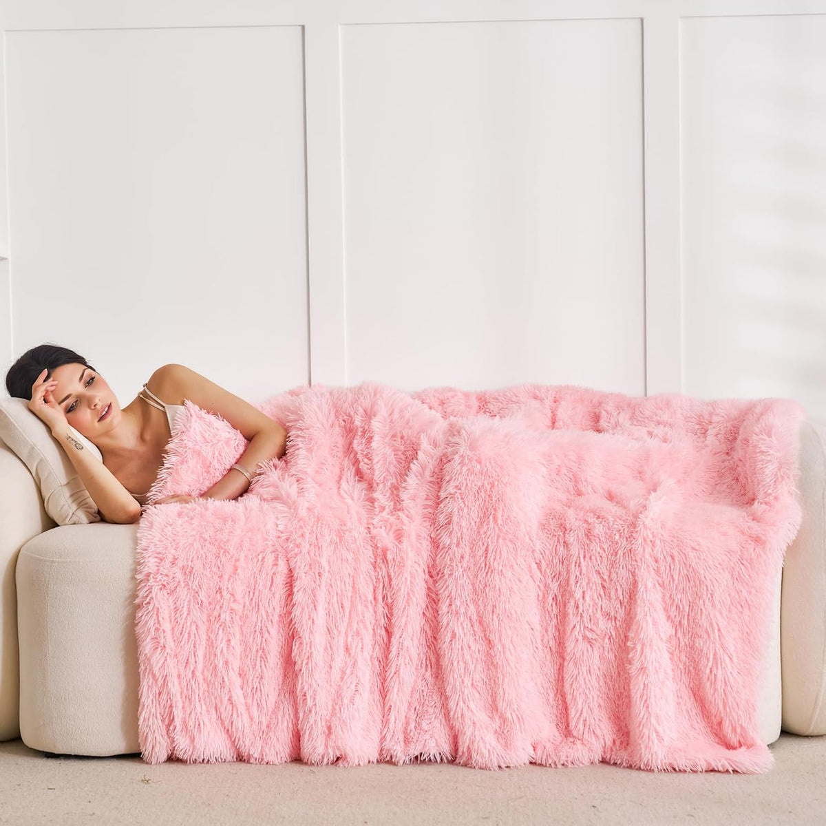 Extra Soft Faux Fur Throw Blanket 50"x60" - Reversible Fluffy Shaggy Double Layer Plush for Couch Sofa Bed, Solid Fuzzy Long Hair Microfiber Comfy Decorative Cozy, Pink