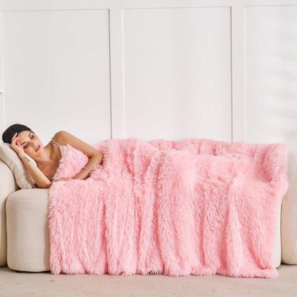 Extra Soft Faux Fur Throw Blanket 50"x60" - Reversible Fluffy Shaggy Double Layer Plush for Couch Sofa Bed, Solid Fuzzy Long Hair Microfiber Comfy Decorative Cozy, Pink