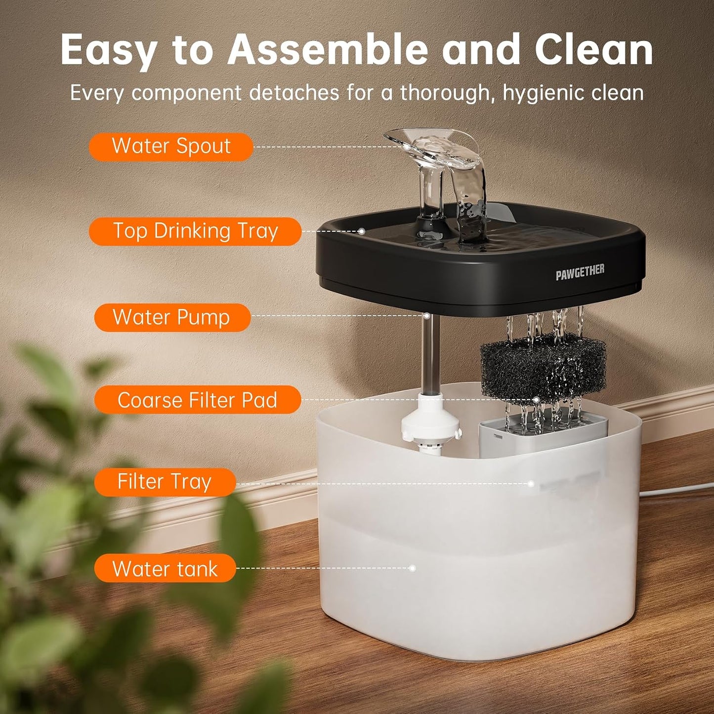 PAWGETHER® Cat Water Fountain with Wireless Pump 51oz/1.5L Dog Water Fountain, Ultra Quiet Automatic Pet Water Fountain Portable Indoor Ourdoor Travel Small Dog Water Dispenser with Adapter Black