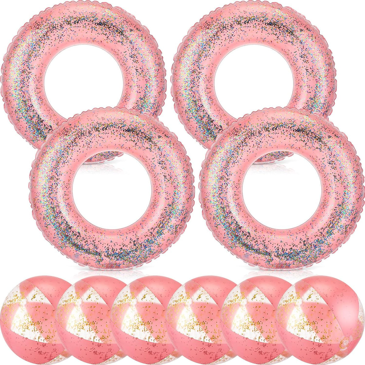 10 Pcs Pink Inflatable Pool Floats Tube Beach Balls Set Glitter Swim Rings Bachelorette Party Pools Floats Confetti Pool Ball for Adult Summer Favors (Air Pump Not Included)