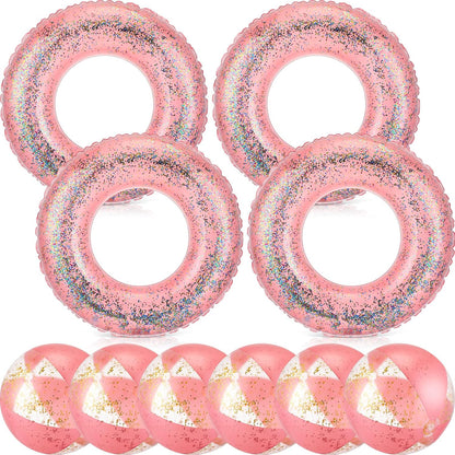 10 Pcs Pink Inflatable Pool Floats Tube Beach Balls Set Glitter Swim Rings Bachelorette Party Pools Floats Confetti Pool Ball for Adult Summer Favors (Air Pump Not Included)