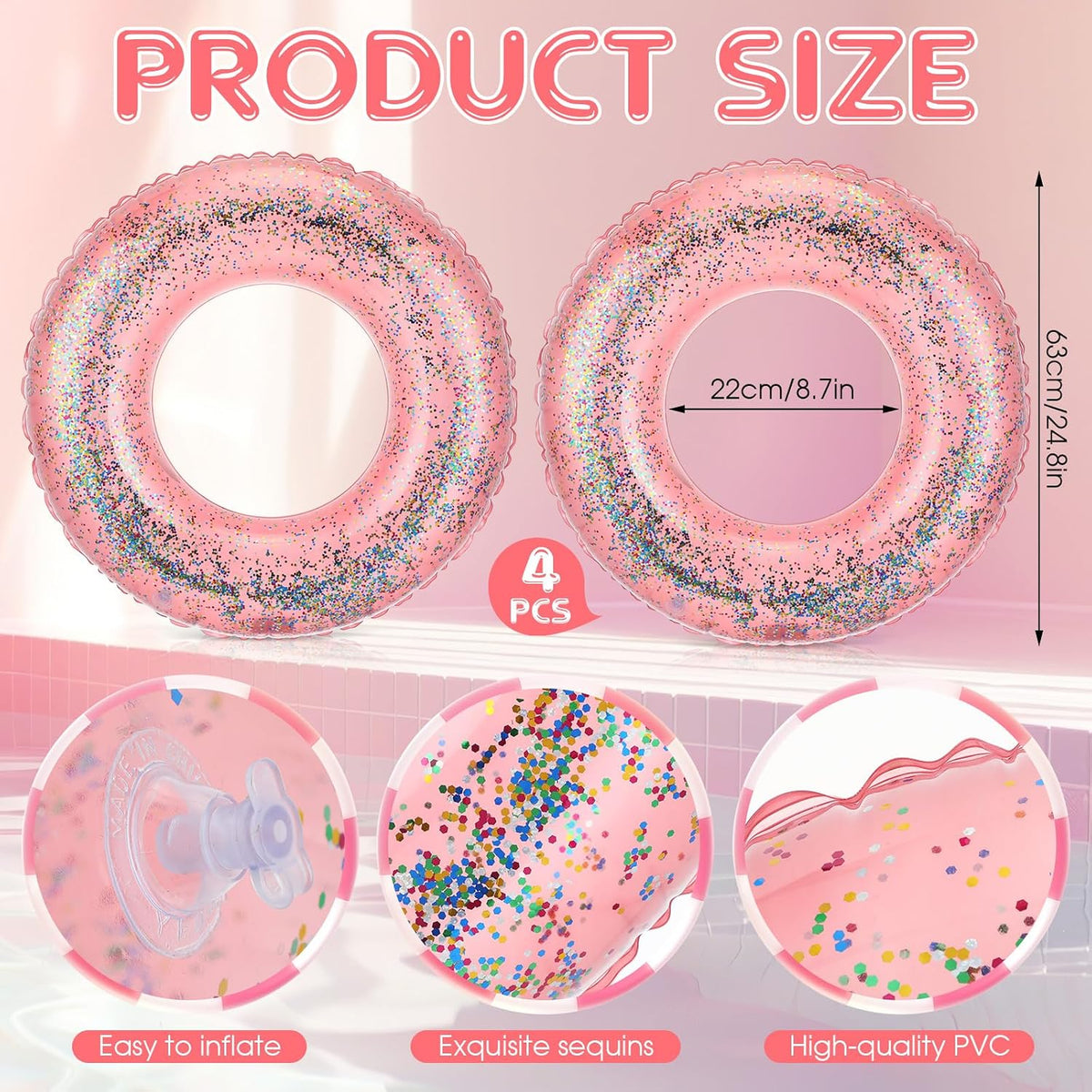 10 Pcs Pink Inflatable Pool Floats Tube Beach Balls Set Glitter Swim Rings Bachelorette Party Pools Floats Confetti Pool Ball for Adult Summer Favors (Air Pump Not Included)