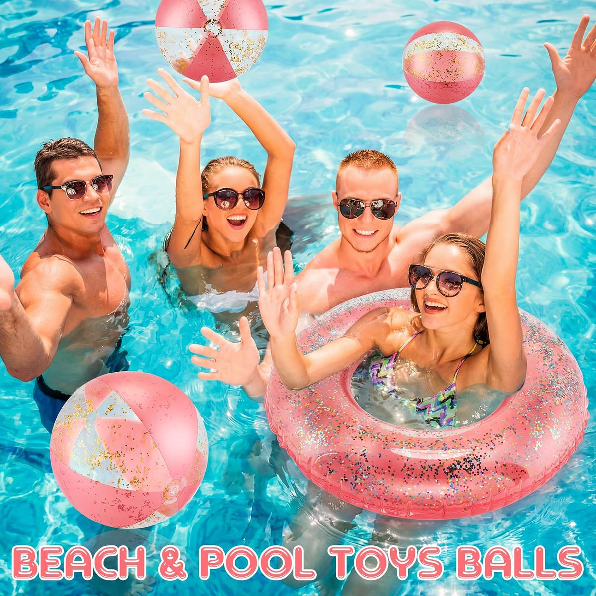 10 Pcs Pink Inflatable Pool Floats Tube Beach Balls Set Glitter Swim Rings Bachelorette Party Pools Floats Confetti Pool Ball for Adult Summer Favors (Air Pump Not Included)