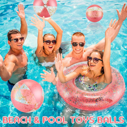 10 Pcs Pink Inflatable Pool Floats Tube Beach Balls Set Glitter Swim Rings Bachelorette Party Pools Floats Confetti Pool Ball for Adult Summer Favors (Air Pump Not Included)
