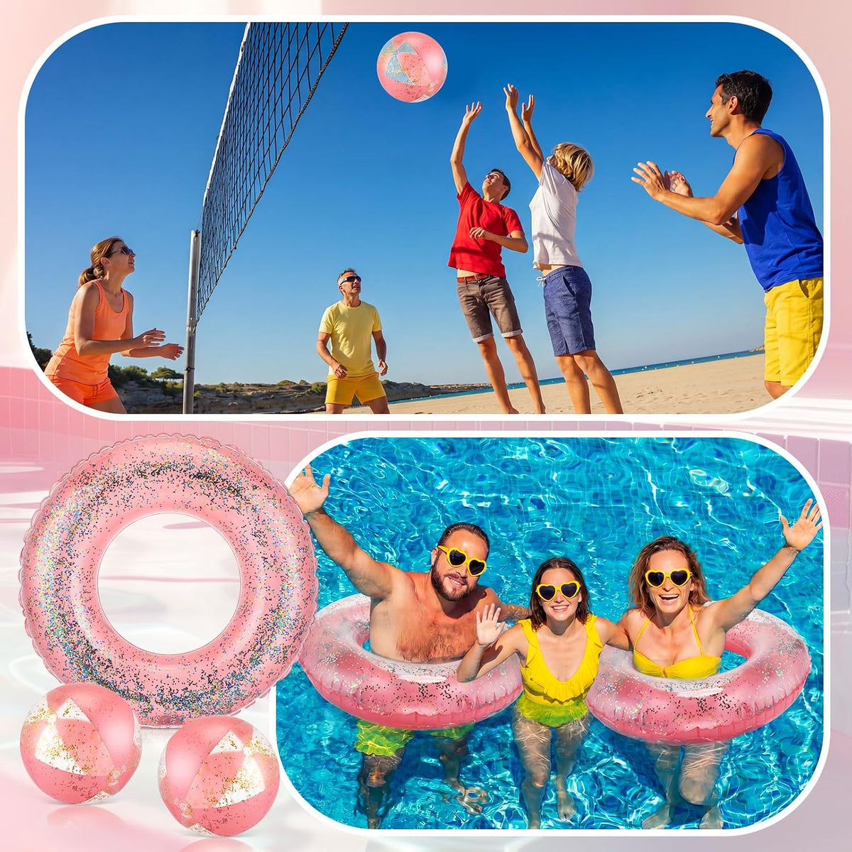10 Pcs Pink Inflatable Pool Floats Tube Beach Balls Set Glitter Swim Rings Bachelorette Party Pools Floats Confetti Pool Ball for Adult Summer Favors (Air Pump Not Included)