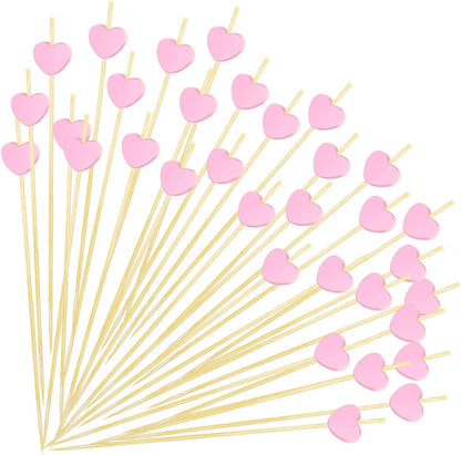 100 Pcs Pink Heart Cocktail Picks 4.7 Inch Long Fruit Sticks Pink Hearts Toothpicks Bamboo Cocktail Skewers for Wedding Birthday Valentines Day Decoration Party Supplies