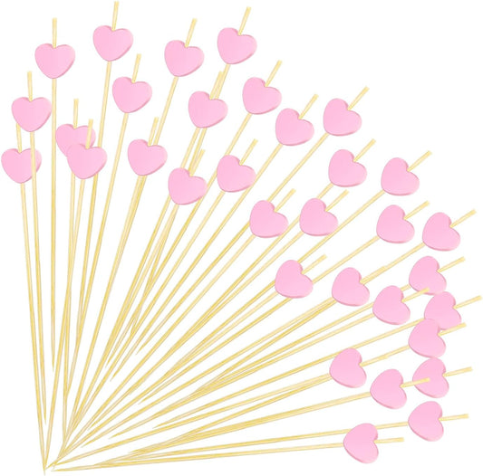 100 Pcs Pink Heart Cocktail Picks 4.7 Inch Long Fruit Sticks Pink Hearts Toothpicks Bamboo Cocktail Skewers for Wedding Birthday Valentines Day Decoration Party Supplies
