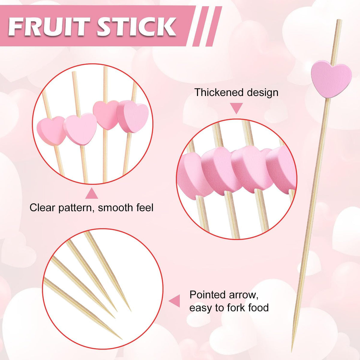 100 Pcs Pink Heart Cocktail Picks 4.7 Inch Long Fruit Sticks Pink Hearts Toothpicks Bamboo Cocktail Skewers for Wedding Birthday Valentines Day Decoration Party Supplies