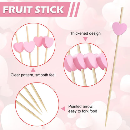 100 Pcs Pink Heart Cocktail Picks 4.7 Inch Long Fruit Sticks Pink Hearts Toothpicks Bamboo Cocktail Skewers for Wedding Birthday Valentines Day Decoration Party Supplies