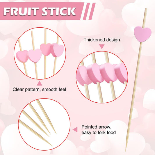 100 Pcs Pink Heart Cocktail Picks 4.7 Inch Long Fruit Sticks Pink Hearts Toothpicks Bamboo Cocktail Skewers for Wedding Birthday Valentines Day Decoration Party Supplies