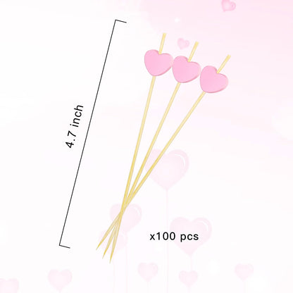 100 Pcs Pink Heart Cocktail Picks 4.7 Inch Long Fruit Sticks Pink Hearts Toothpicks Bamboo Cocktail Skewers for Wedding Birthday Valentines Day Decoration Party Supplies