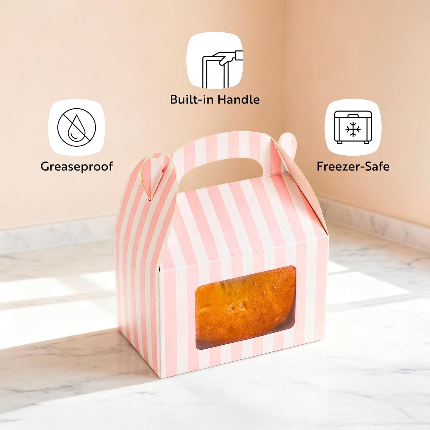 Bio Tek 4 x 2.5 x 2.5 Inch Gable Boxes For Party Favors, 25 Attractive Gift Boxes - Striped Pattern, Pink And White Paper Barn Boxes, Clear PET Window, With Built-In Handle