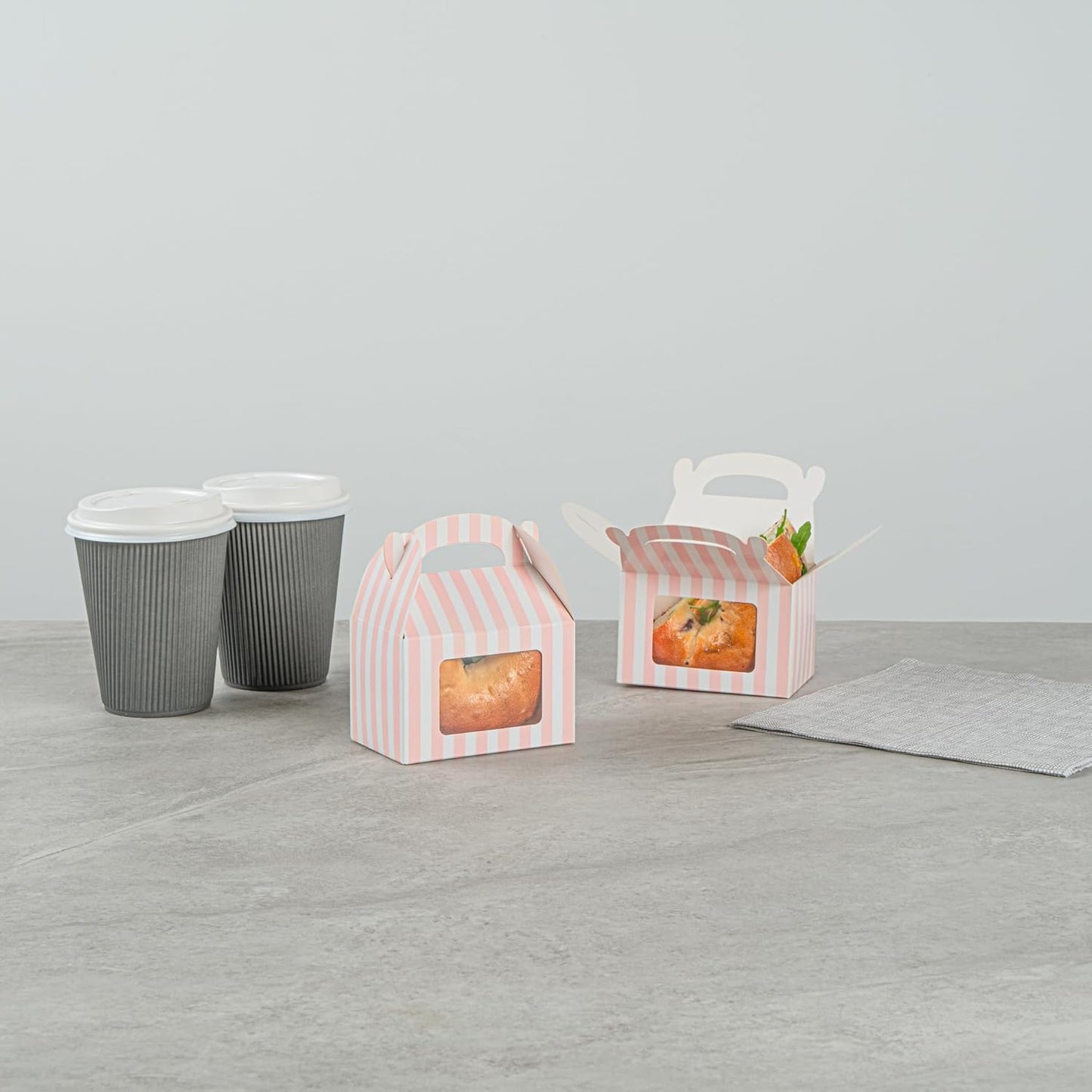 Bio Tek 4 x 2.5 x 2.5 Inch Gable Boxes For Party Favors, 25 Attractive Gift Boxes - Striped Pattern, Pink And White Paper Barn Boxes, Clear PET Window, With Built-In Handle